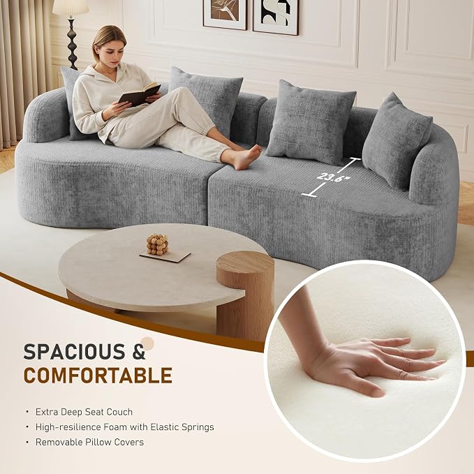 Furnimart 112" Curved Couches for Living Room, Modern Chenille 4-Seater Sectional Sofa Deep Seat with 4 Throw Pillows, Plush Modular Couch, No Assembly Needed, Dark Grey