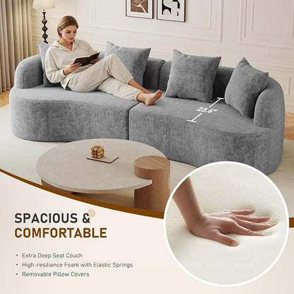 Furnimart 112" Curved Couches for Living Room, Modern Chenille 4-Seater Sectional Sofa Deep Seat with 4 Throw Pillows, Plush Modular Couch, No Assembly Needed, Dark Grey
