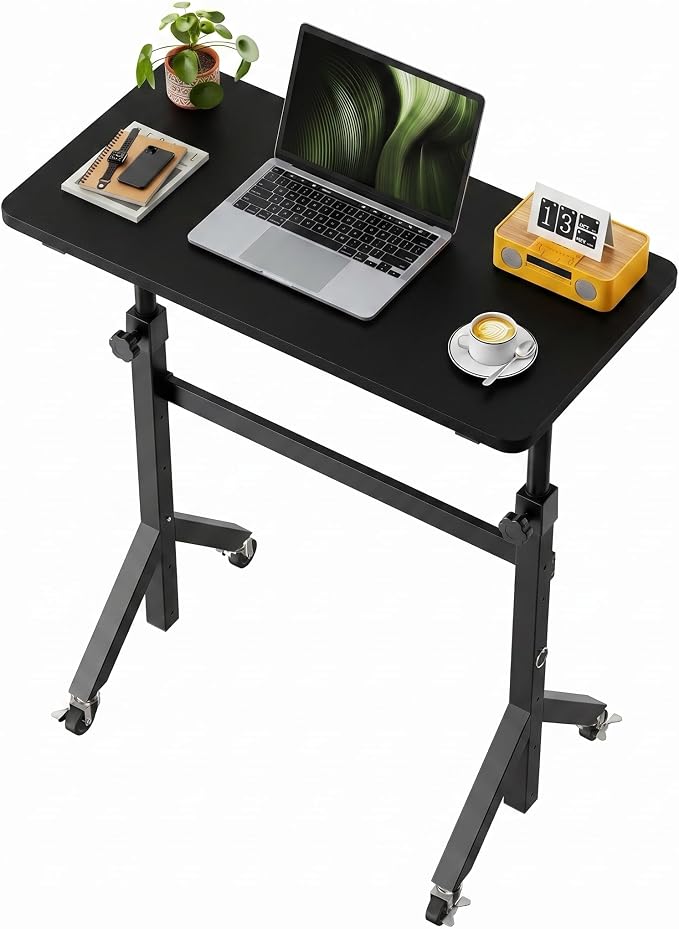 Marsail Mobile Stand Up Desk with Wheels, Adjustable Height Desk from 28.3″ to 46.5″, Rolling Standing Desk with Lockable Wheels, Portable Small Desk for Walking Pad and Treadmill, Black