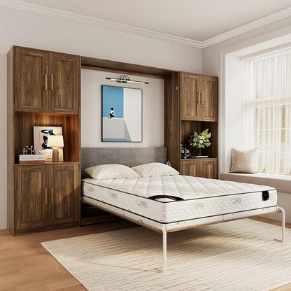 Bobve Farmhouse Murphy Bed Queen, 85" Wall Bed Folds to Save Space, Concealed Bed Frame with 2 Storage Cabinets and Wall Mounted Features for Apartment/Office/Guest Room