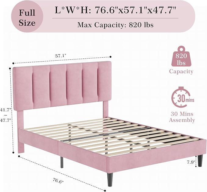 VECELO Full Size Bed Frame with Upholstered Headboard, Heavy-Duty Platform Bedframe with Strong Wooden Slats Support, No Boxing Spring Needed, Velvet & Pink