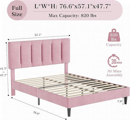 VECELO Full Size Bed Frame with Upholstered Headboard, Heavy-Duty Platform Bedframe with Strong Wooden Slats Support, No Boxing Spring Needed, Velvet & Pink