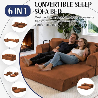 79'' Convertible Sofa Bed, 6 in 1 Folding Floor Futon Couch Sleeper with Fixed Frame, Corduroy Modular Sofa Bed with Removable Armrests & Pillows, No Assembly for Living Room Bedroom (Orange)