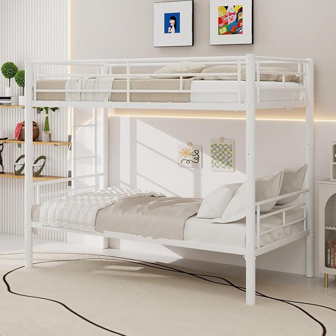 Metal Twin Over Twin Bunk Bed, Heavy-Duty Metal Bunk Bed, Noise Reduced Design/Safety Guardrail/2 Side Ladders/No Box Spring Needed (White)