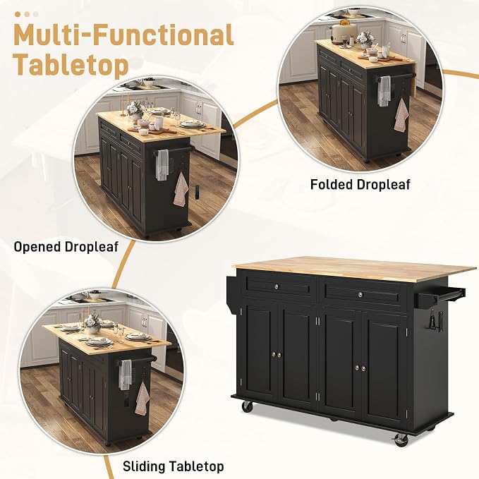Hlivelood 59.1" Movable Kitchen Island with Drop Leaf and Power Outlet, Rolling Island Cart w/Storage Cabinet, Island Table on Wheels for Kitchen w/2 Drawers, Spice Rack, Towel Bar, Garage Hook, Black