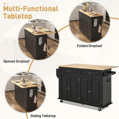 Hlivelood 59.1" Movable Kitchen Island with Drop Leaf and Power Outlet, Rolling Island Cart w/Storage Cabinet, Island Table on Wheels for Kitchen w/2 Drawers, Spice Rack, Towel Bar, Garage Hook, Black