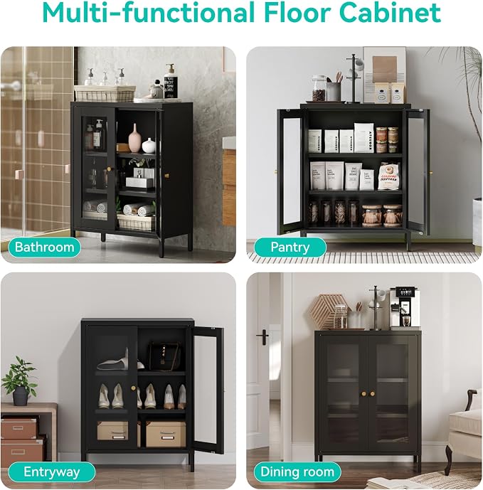 Small Metal Cabinet with Glass Doors,Display Storage Cabinet with 2 Adjustable Shelves for Bathroom Entryway Living Room Dining Room Kitchen,3-Tier,11.8" D x 23.6" W x 31.5" H, Black