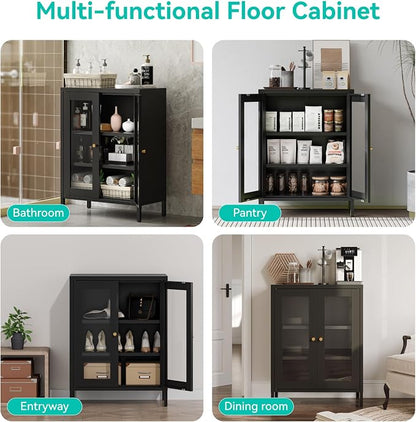Small Metal Cabinet with Glass Doors,Display Storage Cabinet with 2 Adjustable Shelves for Bathroom Entryway Living Room Dining Room Kitchen,3-Tier,11.8" D x 23.6" W x 31.5" H, Black