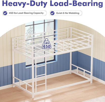 Low Metal Bunk Bed Frame for Kids, with Built-in Ladder, High Guardrail and Metal Slats, Floor Bed Bottom Bunk, No Boxspring Required, for Small Spaces, Twin-Over-Twin (Silver)