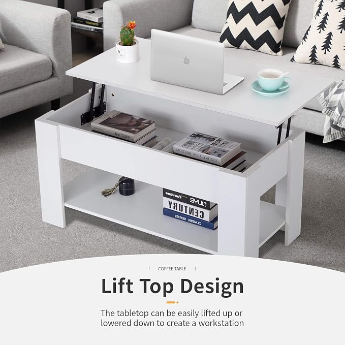FDW 39.4" Lift Top Coffee Table with Hidden Compartment and Storage Shelf Wooden Lift Tabletop for Home Living Room Reception Room Office,White