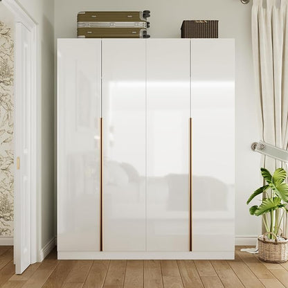 Homsee 63" W Wardrobe Closet Armoire with 4 Glossy Doors, Wooden Bedroom Clothing Storage Cabinet with 3 Hanging Rods & 10 Storage Compartments, White