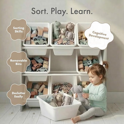 Humble Crew Toy Storage Organizer with 9 Removable Storage Bins for Kids Playroom, 3-Tier Toddler Toy Organization and Storage, Grey/White