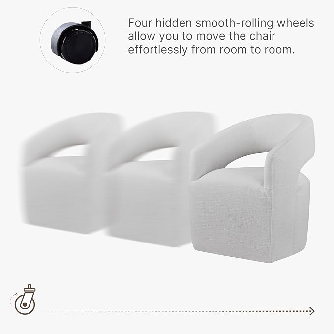 KISLOT Upholstered Dining Chairs with Casters, No Assembly Modern Barrel Armchair with Rollers for Dining Room, Bedroom, Living Room, Reading Room, Home Office, Set of 1, Light Grey