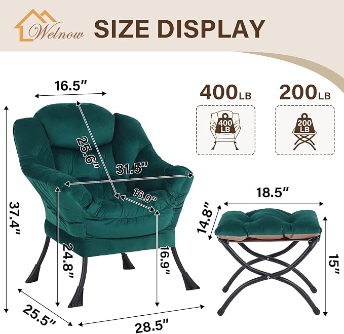 Welnow Lazy Chair with Ottoman, Modern Accent Chair with Armrests and a Side Pocket, Leisure Sofa Armchair, Reading Armchair with Footrest for Small Space, Dark Green