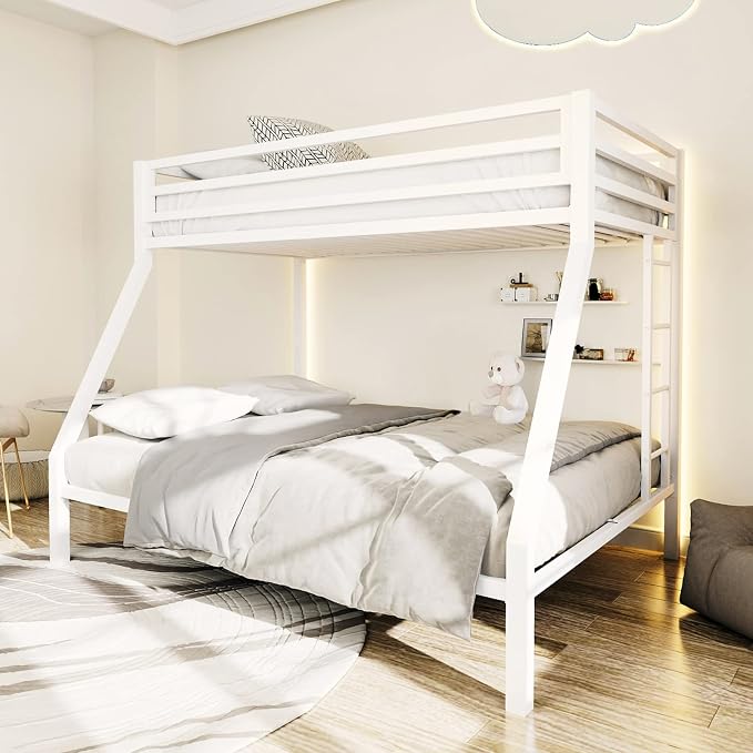 ikalido Metal Loft Bunk Bed Twin Over Full Size with Landder, Cream White | Safety Guardrail,No Box Spring Needed, Space Saving Bedroom Furniture