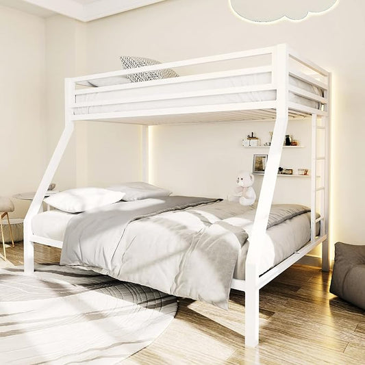 ikalido Metal Loft Bunk Bed Twin Over Full Size with Landder, Cream White | Safety Guardrail,No Box Spring Needed, Space Saving Bedroom Furniture
