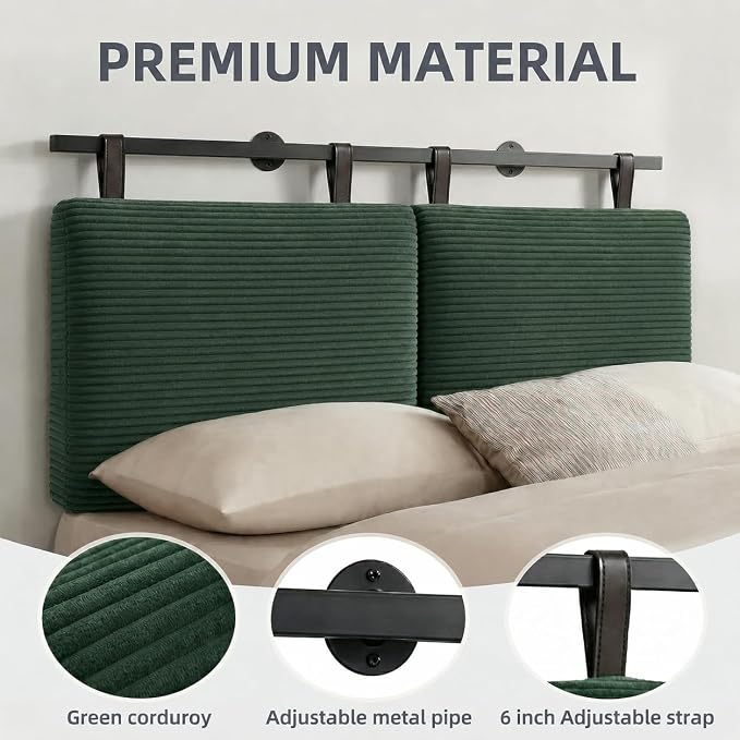 King Headboard only, Wall Mounted Headboard for Adjustable Bed, Hanging Head Board for King Size Bed Upholstered Headboard Cabeceras De Cama for Bedroom, Dorm, Guest Room, Green
