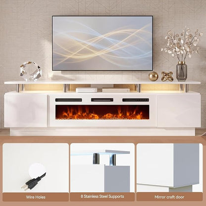 90" TV Stand for Living Room, Large Entertainment Center & Media Console, Fits TVs up to 100", Storage Cabinet with Shelves, 50" Electric Fireplace, All White