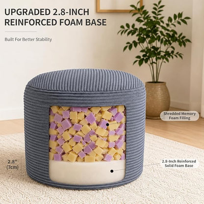 Stuffed Pouf Ottoman Foot Rest with 2.8-inch Solid Foam Base | Odorless Filling Resists Clumping, Washable Corduroy Cover, Round Foot Stool for Living Room Couch Lounging and Home Decor