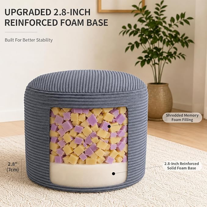 Stuffed Pouf Ottoman Foot Rest with 2.8-inch Solid Foam Base | Odorless Filling Resists Clumping, Washable Corduroy Cover, Round Foot Stool for Living Room Couch Lounging and Home Decor