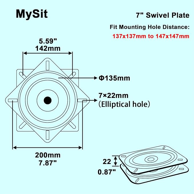 MySit 7" Heavy Duty Bar Stool Swivel Plate Replacement, Square Swivel Mechanism for Recliner Chair or Furniture - Ball Bearing Swivel Boat Seat
