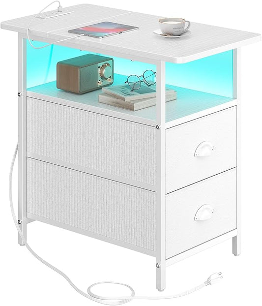 sthmec End Table with Charging Station, Narrow Side Table with 2 Drawers, LED Nightstands with Drawers, USB Ports & Power Oulets,Slim Sofa Side Tables for Small Spaces,Living Room,Bedroom,White
