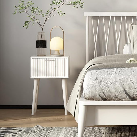LAATOOREE Nightstands Set of 2, Small Side Table, Bedside Table with Fluted Door, Solid Wood Feet; Modern Mid-Century End Table for Bedroom, Small Space (White)