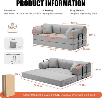 78.8" Boneless Memory Foam Couch, Corduroy Convertible Floor Sofa Bed, Fold-Out Sleeper Futon Loveseat, Wide Armrests & Supportive Back, 1200 lb, Couch in a Box, 2 Pillows, Light Grey