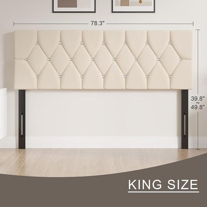 VECELO Tufted Upholstered Headboard King Size, with 6 Adjustable Height from 39.8" to 49.8", Button Diamond Design, Easy Assembly, Beige