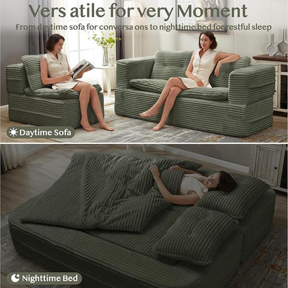 80'' Futon Sofa Bed, King Size Foldable Sleeper Sofa, Corduroy Boneless Loveseat Couch with Chaise Lounge, 3 Pillows, Blanket, Upholstered Sectional Couches for Living Room,Bedroom, Pine Green