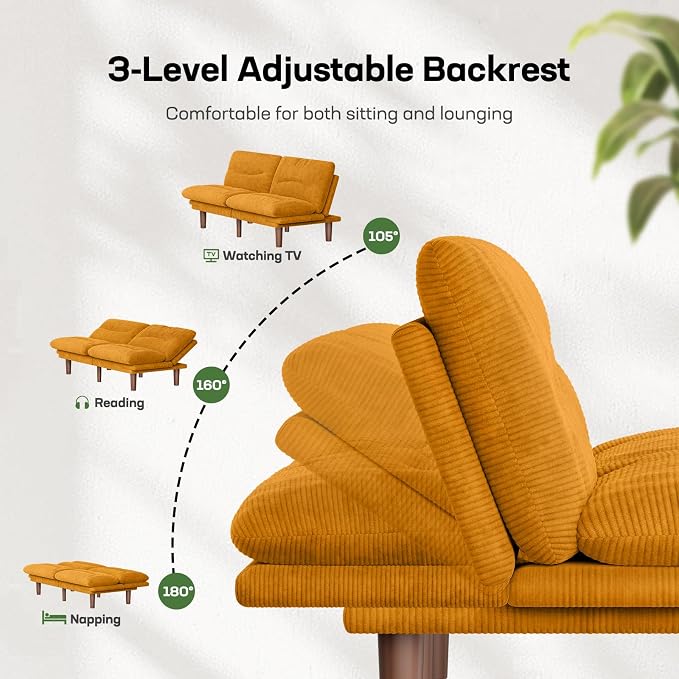 Marsail 66" Futon Sofa Bed, Convertible Corduroy Futon Couch with Adjustable Backrest & Armrests, Small Sleeper Sofa Loveseat for Living Room, Apartment, Office, Yellow