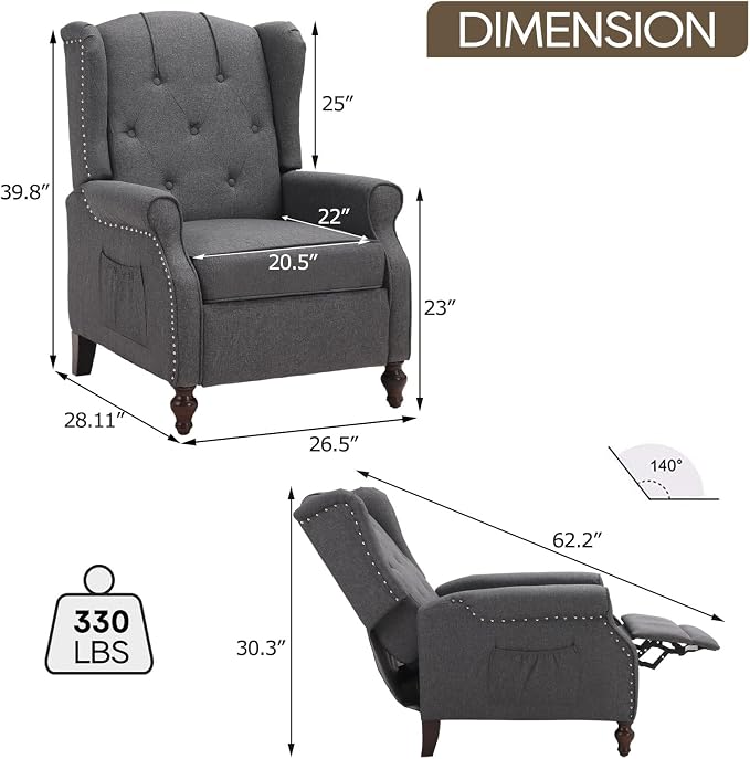 Wingback Recliner Chair with Massage and Heat Tufted Fabric Push Back Arm Chair, Recliner Chair for Living Room Bedroom Home Theater (1,Grey)
