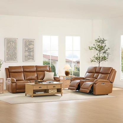 Watson & Whitely Power Reclining Sofa and Loveseat Sets, Genuine Leather Sofa Recliner Couch Set with Power Headrest, Storage Console, USB Ports, Cup Holders, Living Room Furniture Set, Saddle Brown