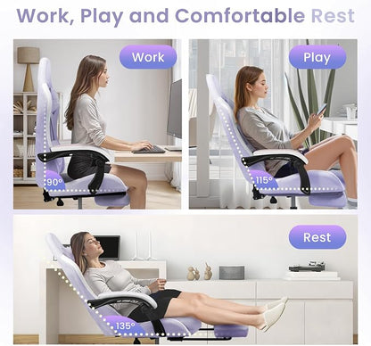 N-GEN GAMING Video Gaming Chair with Footrest Lumbar Support for Home Office High Back Recliner Height Adjustable Ergonomic Comfy Fabric Computer Desk Chair (Purple)