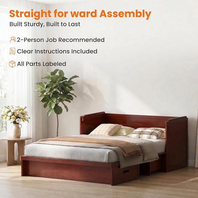 CECER Murphy Bed Queen with Mattress Included for Guest/Small Space-Maroon | Built-in Multi-Port Charging Station ＆ Large Storage Drawer，Space Saving ＆ Easy Assemble and Conversion