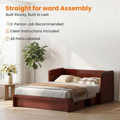 CECER Murphy Bed Queen with Mattress Included for Guest/Small Space-Maroon | Built-in Multi-Port Charging Station ＆ Large Storage Drawer，Space Saving ＆ Easy Assemble and Conversion
