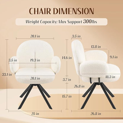 Cute Desk Chair No Wheels, 360° Swivel Accent Chairs with Arms, Modern Upholstered Dining Room Chairs with Tufted Cushion, Accent Chairs for Home Office/Bedroom/Kitchen, Teddy Sherpa, Beige