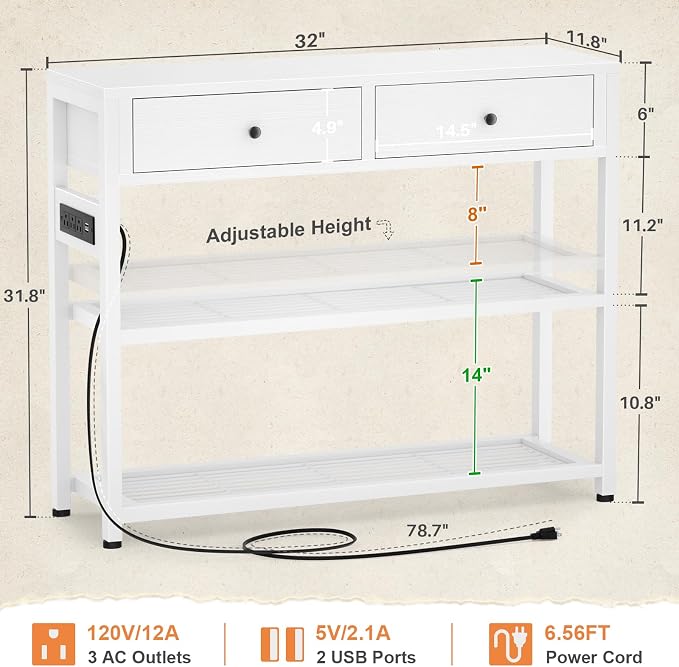 Ecoprsio Entryway Table with Outlets and USB Ports, Console Table with 2 Drawers, Small Sofa Table with Storage Shelves for Living Room, Couch, Hallway, Foyer, Kitchen Counter, 32'', White