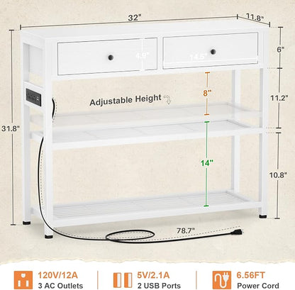 Ecoprsio Entryway Table with Outlets and USB Ports, Console Table with 2 Drawers, Small Sofa Table with Storage Shelves for Living Room, Couch, Hallway, Foyer, Kitchen Counter, 32'', White