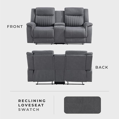 Lexicon Manual Double Reclining Loveseat, Polished Microfiber Manual Wall Hugger Loveseat Recliner for Living Room, Center Storage Console/Cup Holders, Easy Assembly, Gray