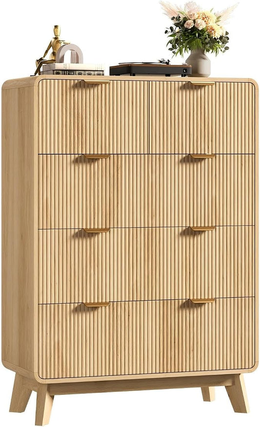 QUW Fluted 5 Drawers Dresser for Bedroom, Modern 40.2" Tall Drawer Dressers with Metal Handle, Wooden Chest of Dresser for Living Room, Hallway, Solid Wood Legs, Curved Profile Design, Natural Oak