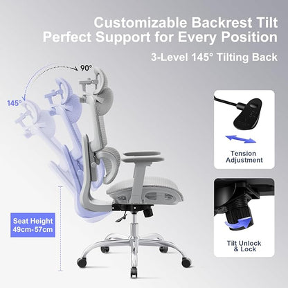 Ergonomic Office Chair with 3D Headrest, Computer Chair with Adjustable Backrest & 3D Armrest, Gaming Chair with Adaptive Lumbar Support, Mesh Backrest & Cushion, Grey