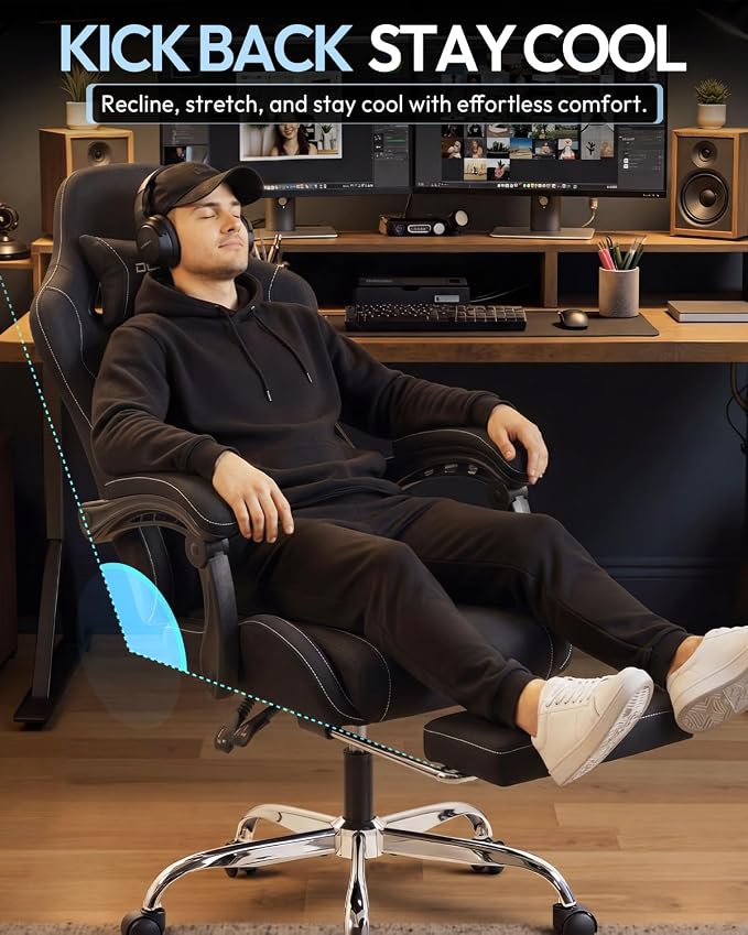 Dowinx Ergonomic Gaming Chair with Footrest & Massage Lumbar, 2D-Linkage Armrests for Computer Chair 330lbs with Headrest Pillow for Office, Home, Streaming and Long Gaming Sessions, Fabric Black