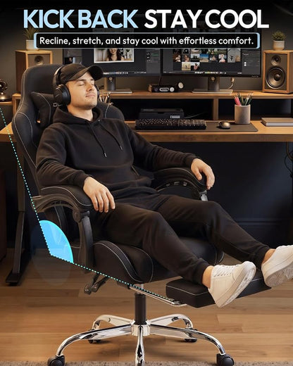 Dowinx Ergonomic Gaming Chair with Footrest & Massage Lumbar, 2D-Linkage Armrests for Computer Chair 330lbs with Headrest Pillow for Office, Home, Streaming and Long Gaming Sessions, Fabric Black
