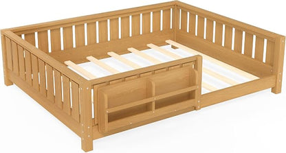 Bellemave Full Size Floor Bed with high Rails and with Built-in Bookshelf for Kids, Girls, Boys, Wood Montessori Floor Bed Without Door, Light Natural
