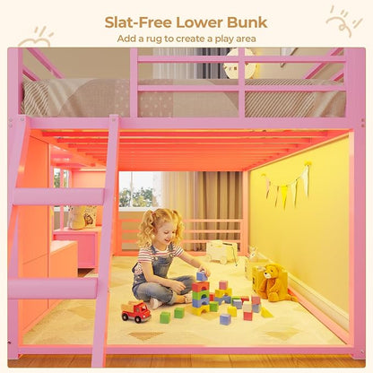 BTHFST Low Bunk Bed Twin Over Twin with 8 Fabric Drawers & Bookshelf, Twin Bunk Beds with RGB LED Lights, Windows, Metal Bunk Beds for Kids with Slanted Ladder & Safety Guardrails, Space Saving, Pink