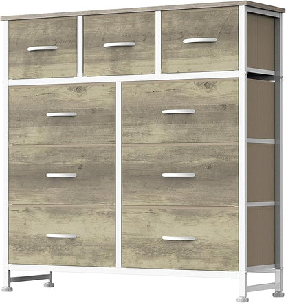 DUMOS 9 Drawer Dresser for Bedroom, Storage Organizer Chest of Drawers | Fabric Bins Storage Tower with Sturdy Metal Frame, Wood Tabletop for Closet, Gold