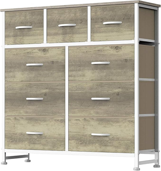 DUMOS 9 Drawer Dresser for Bedroom, Storage Organizer Chest of Drawers | Fabric Bins Storage Tower with Sturdy Metal Frame, Wood Tabletop for Closet, Gold