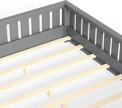 Bellemave Full Size Floor Bed with Slats and Guardrails, Full Size Montessori Floor Bed with Bookcase and Fence, Low Profile Montessori Beds for Kids, Gray Floor Beds Frame