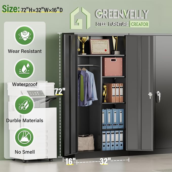 Greenvelly Metal Wardrobe Closet with Doors and Shelves,72" Black Armoire Wardrobe Closet for Hanging Clothes for Office, Home, School, Employee,Gym